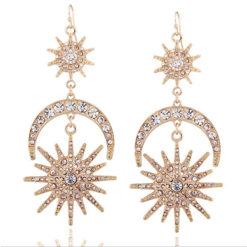 

Big Luxury Sun Moon Stars Drop Earrings Rhinestone Punk Earrings for Women Jewelry Boho Vintage Statement Earrings. Bronze