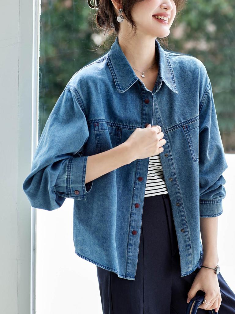 Retro Blue Washed Denim Women's Long Sleeve Shirt Jacket - Spring 2026 Fashion