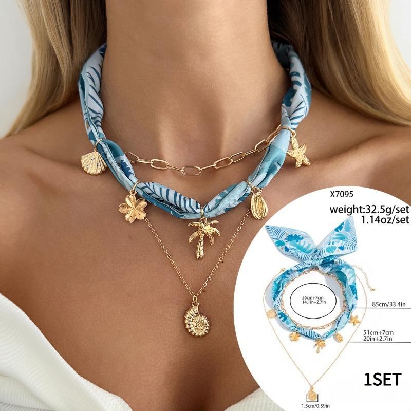 1SET European and American vacation ins shell starfish silk scarf stacked necklace, niche exotic love flower item jewelry women