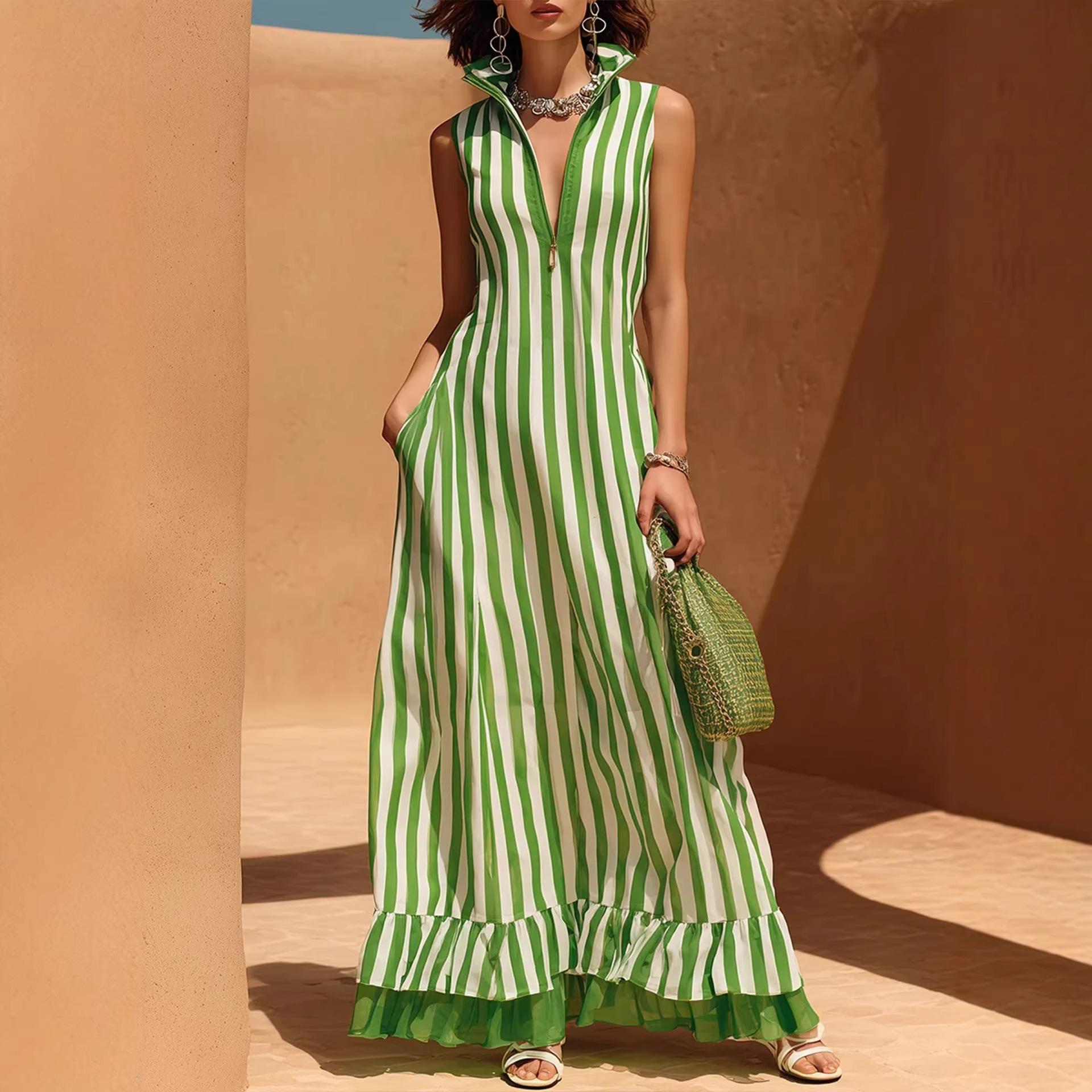 European Bohemian holiday style striped zipper stand-up collar sleeveless skirt children s summer dress S