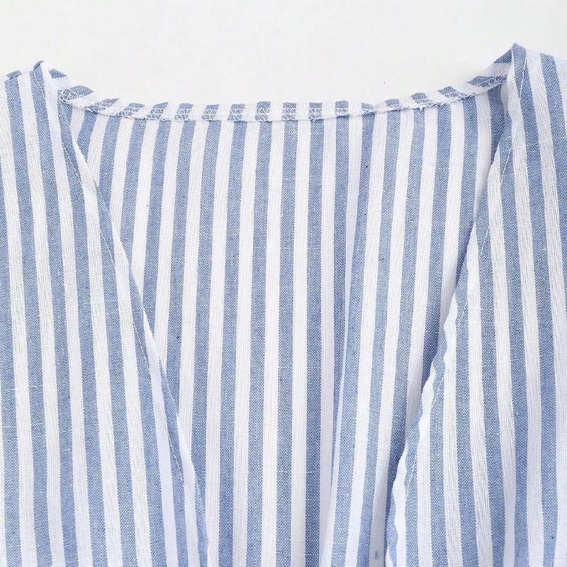 2025 New Autumn Women's Spliced V-neck Temperament Striped Long-sleeved Lace-up Shirt