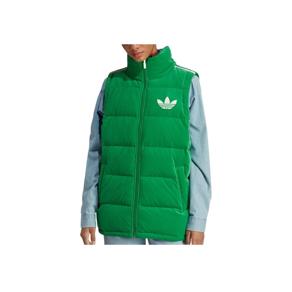 adidas Originals FW22 Velvet Vest Solid Logo Print Zipper Down Vest Women Vests Green IB2029