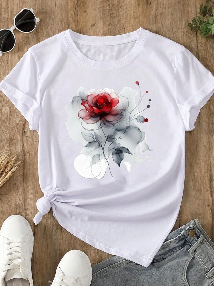 (Asian Size)  trend lovely flower style o-neck Women's Top T Clothing Print Short Sleeve T-shirts Fashion Female Casual Graphic Tee
