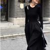 Vintage Schwarz Kleid Frauen Herbst Winter Elegante Dünne Aushöhlen Gestrickte Lange Hülse O-ansatz Lange Kleider Büro Dame