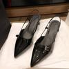 Patent Leather Stiletto Sandals Summer New Pointed Toe Shallow Mouth Metal Buckle Slip Strap Non-Slip Kitten Heels