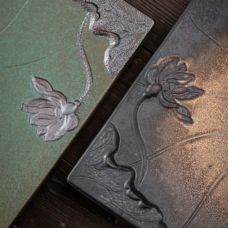 Kreatives Teetablett aus Keramik im Retro-Stil, antikes vergoldetes Steinzeug, quadratisches Teetablett mit doppeltem Verwendungszweck, Abtropf-Teetisch, einfaches Tablett im japanischen Stil