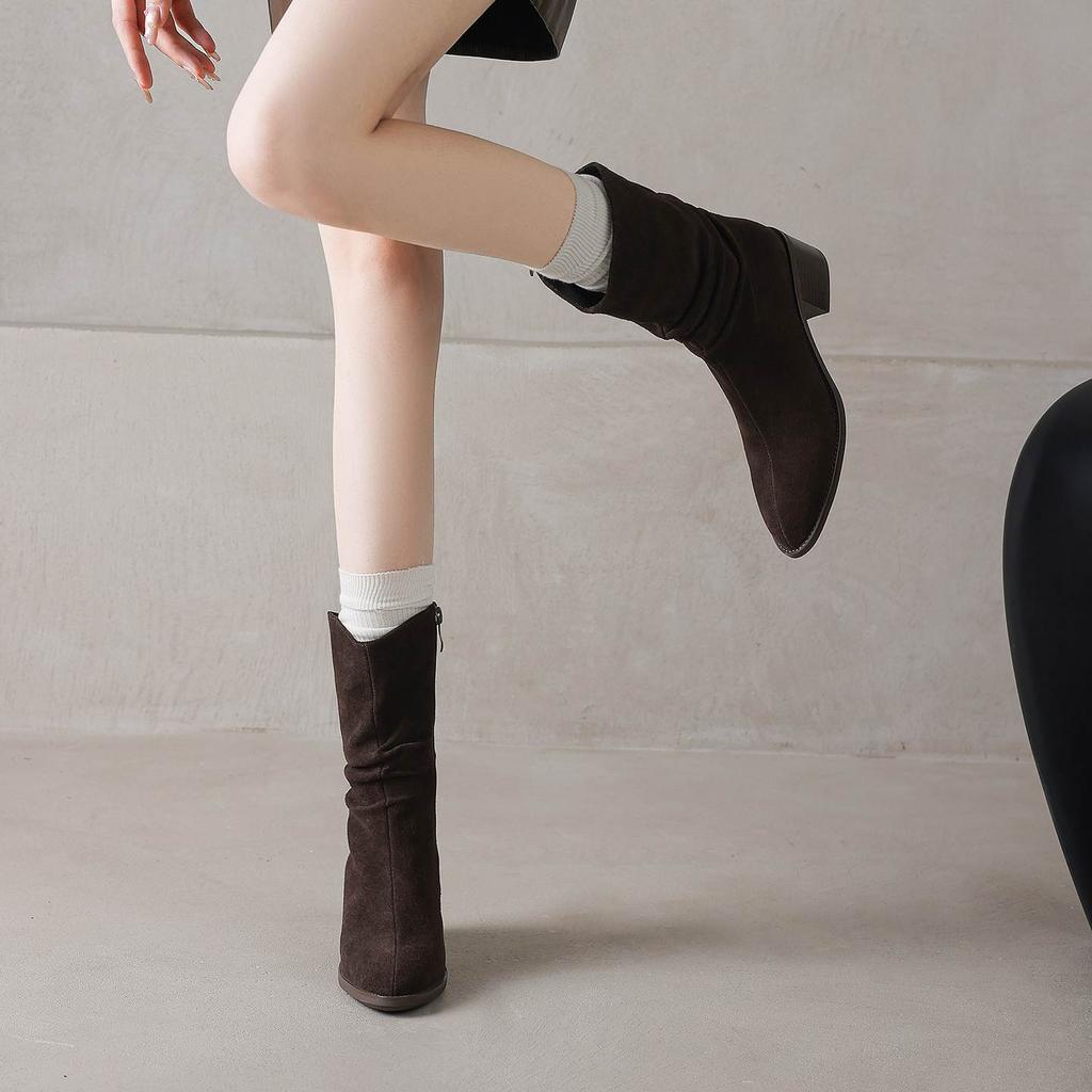 Krazing Pot Cow Suede Nubuck Round Toe Thick Heels Western Boots Size 42 Slip on Women Pleated Decoration Mid-calf Boots