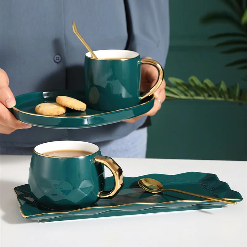Set de ceașcă ceramică, set de farfurii, ceașcă de cafea verde Nordic, tavă dreptunghiulară, lingură mică, cutie cadou, casă, bar, decorare, ceașcă de ceai