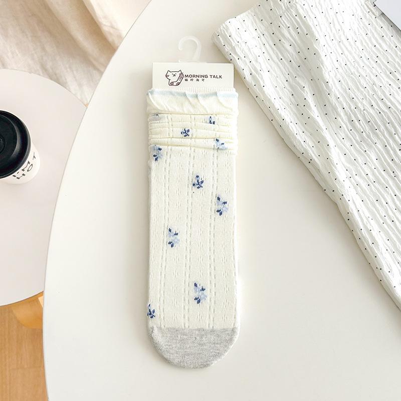 

Blue and White Polka Dot Socks - Summer and Spring Lightweight Mesh Breathable Mid-calf Socks with Sweet Lace Trim and No-knit Design 1 pair