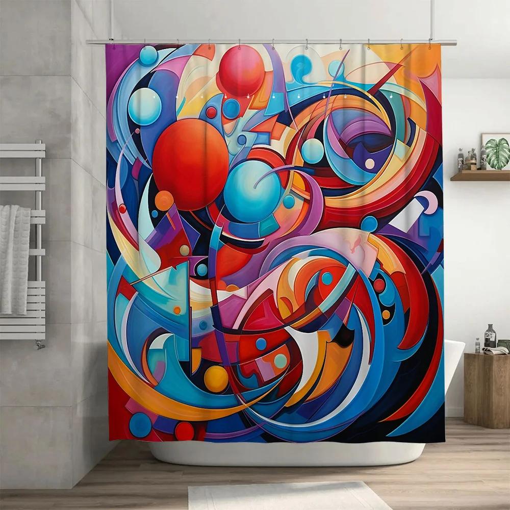 Colorful Geometric Shower Curtain for Bathroom Decor Modern Blue Red Yellow Black White 3D Printed Waterproof Fabric