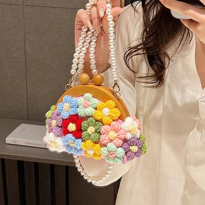 Fabric Appliques Clip Bag for Women Wooden Shell Bags Pearl Beading Shoulder Crossbody Bags Mini Coin Bags Candy Color