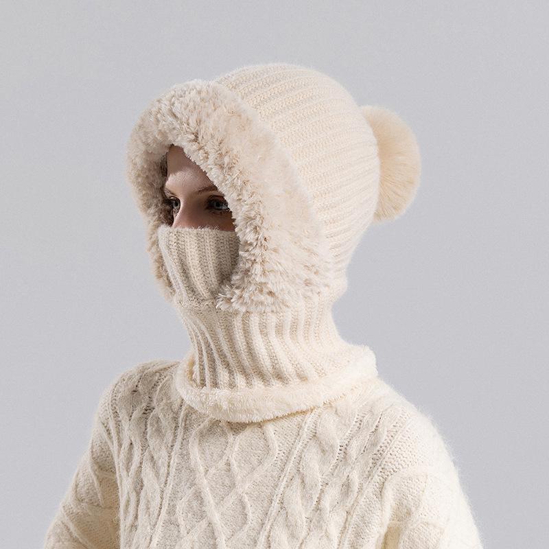 Women's Winter Knitted Hat with Scarf & Mask - Windproof, Plus Velvet, Warm Wool, Ideal for Cycling