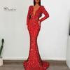 Women Evening Dress Sequin Deep V Neck Long Sleeves Slim Fit Fishtail Hem Sequin Floor Length Sheath Back Zipper Closure Maxi Dress