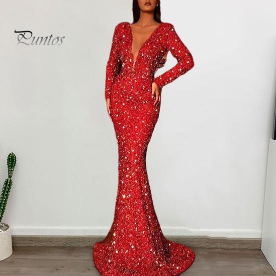 Women Evening Dress Sequin Deep V Neck Long Sleeves Slim Fit Fishtail Hem Sequin Floor Length Sheath Back Zipper Closure Maxi Dress