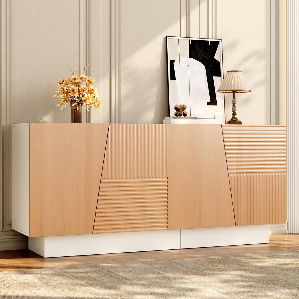 Sideboard, Living Room Cabinet, Geometric Groove Structure, 4 Doors, 2 Separate Storage Spaces, Height-Adjustable Shelves
