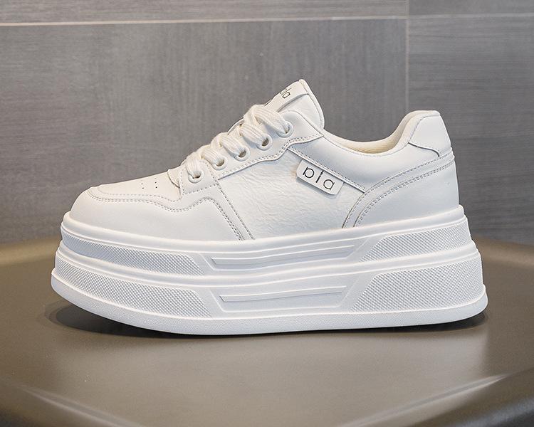 Women's Thick-Soled Height-Boosting White Leather Sneakers - Lightweight, Versatile, and Comfortable Platform Casual Shoes.