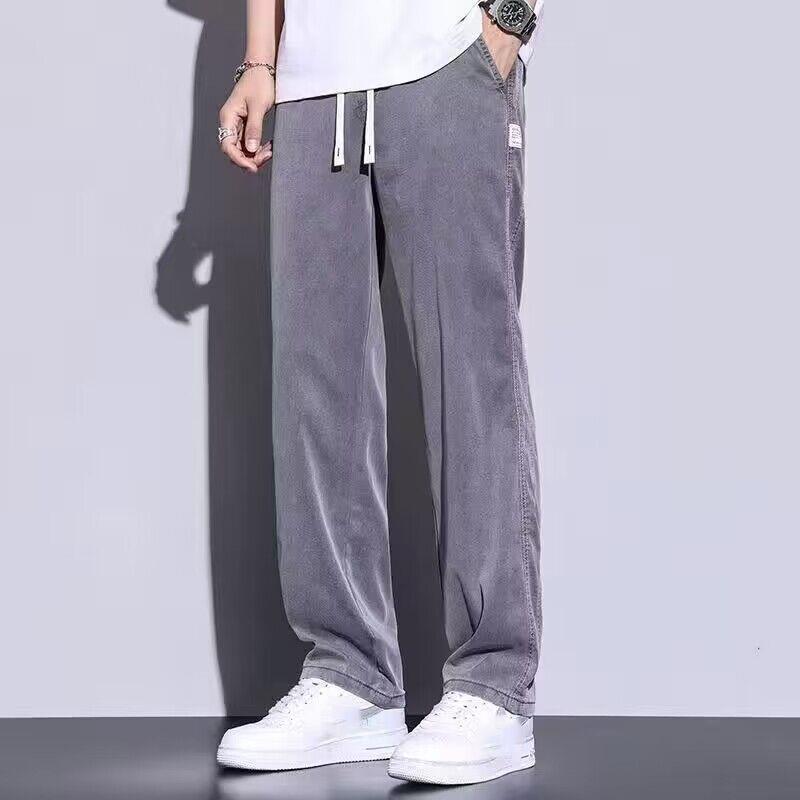 2024 Spring Summer Soft Lyocell Fabric Men's Jeans Thin Loose Straight Leg PantsDrawstring Elastic Waist Korean Casual Pants