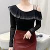 Spring Autumn Streetwear Spring Sexy Off Shoulder Women's T-Shirt Elegant Slim Design Tops Female Chic Ruffles Hot Diamonds Tees
