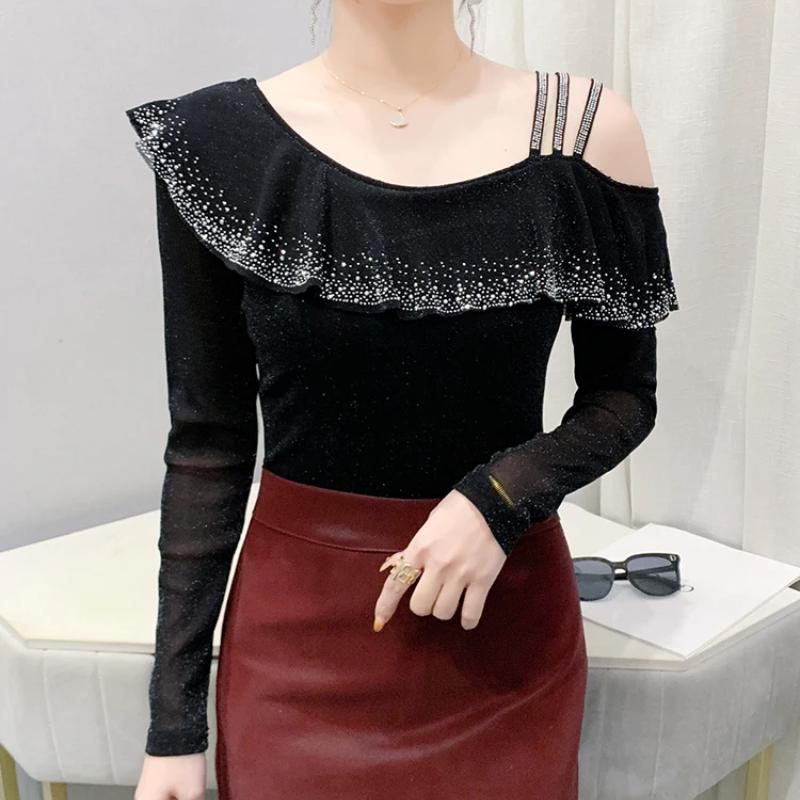 Spring Autumn Streetwear Spring Sexy Off Shoulder Women's T-Shirt Elegant Slim Design Tops Female Chic Ruffles Hot Diamonds Tees