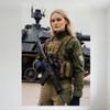 Sexy Blonde Woman Military Outfit with Assault Rifle Tank Background Metal Tin Sign Vintage Wall Decor for Bar Pub Home Cafe 8x1