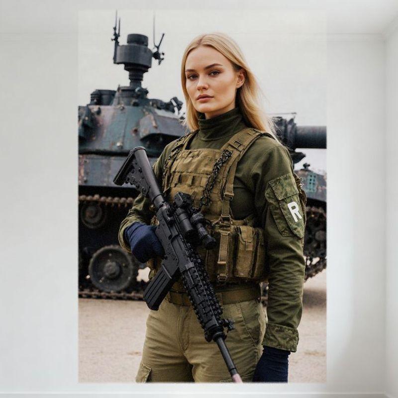 Seksowna Blondynka w Mundurze Wojskowym z Karabinem Szturmowym Tło Czołgu Metalowy Znak Blaszany Vintage Dekoracja Ścienna do Baru Pubu Domu Kawiarni 8x1