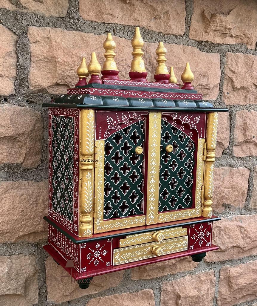 Hand-Painted Wooden Temple | Wall Mounted Pooja Home Mandir | Miniature Pooja Mandap | Rajasthani Art Shrine for Home Decor, Hindu Religion