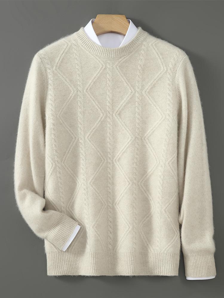 Men's Diamond Cable Knit Wool Sweater - Thick, Loose, Versatile Cashmere Layer