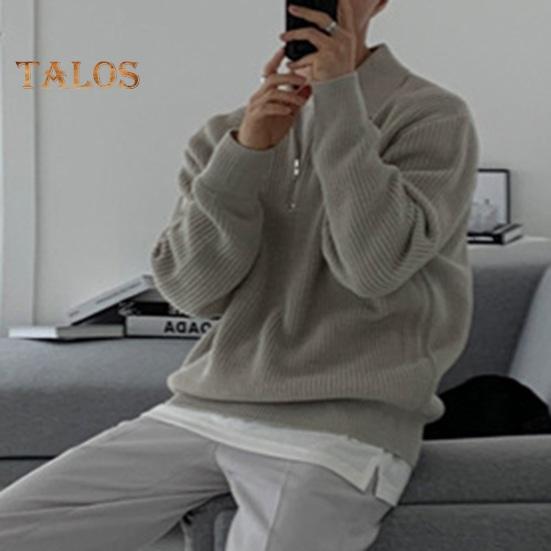 Fall Winter Men Sweater Turn-down Collar Half Zipper Long Sleeves Solid Color Loose Knitted Top Daily Wear School Work Knitwear