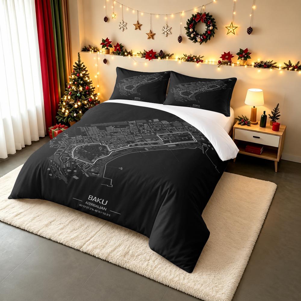 Baku City Circuit Map Dark Bedding set (1 duvet cover, 2 pillowcases, duvet not included), Azerbaijan Street Track Topographic Art Print