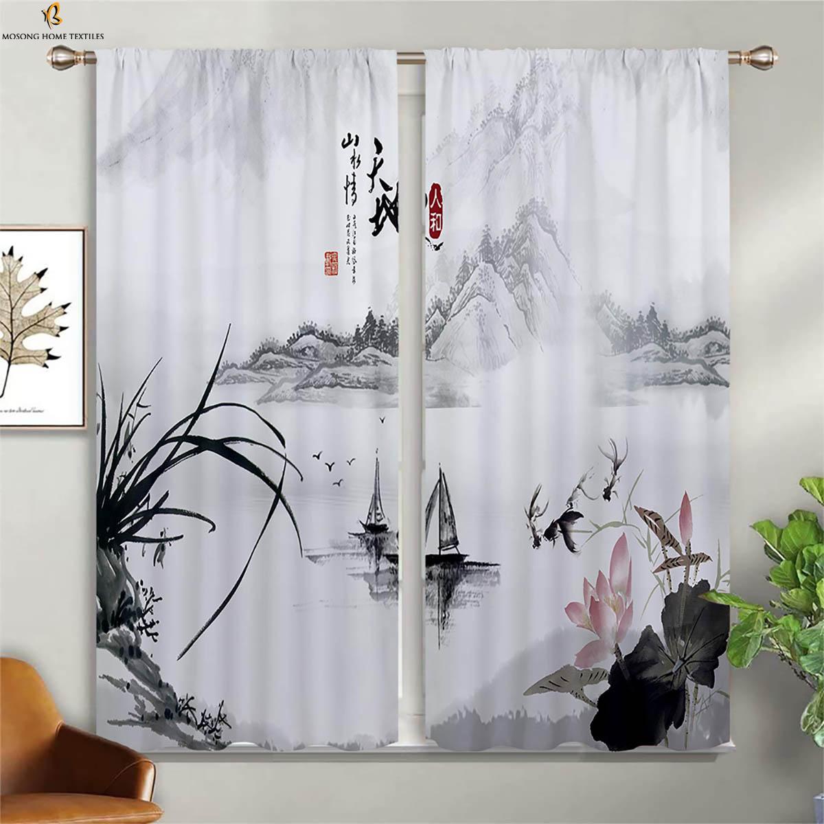 

Шторы для окон Принт в стиле тушевой пейзажной живописи Машинная стирка Спальня Гостиная Кабинет Студия Шторы 2 штуки W50xH130(CM)x2PCS&Rod pocket