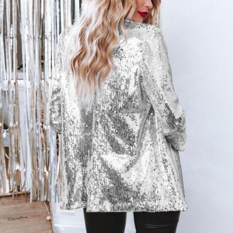 Shiny Sequins Women Casual Loose Fit Long Sleeve Cardigan Lapel Open Front Solid Color Suit Coat Clubwear Jacket