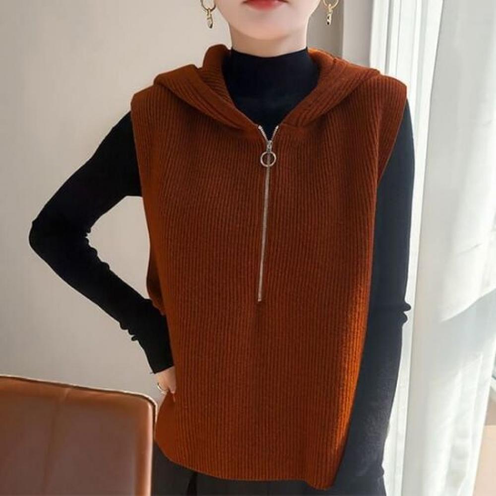 Navava Nk3532 Daily Simple Ribbed Half Zip Hoodie Knit Vest