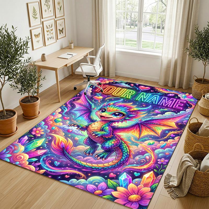 Dragon Phoenix Theme Crystal Velvet Rug Personalized Custom Name Text Soft Floor Mat Home Decor
