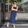 Women's Loose-Fit Denim Overall Skirt - Casual French Street Style Suspender Dress with Side Slit.