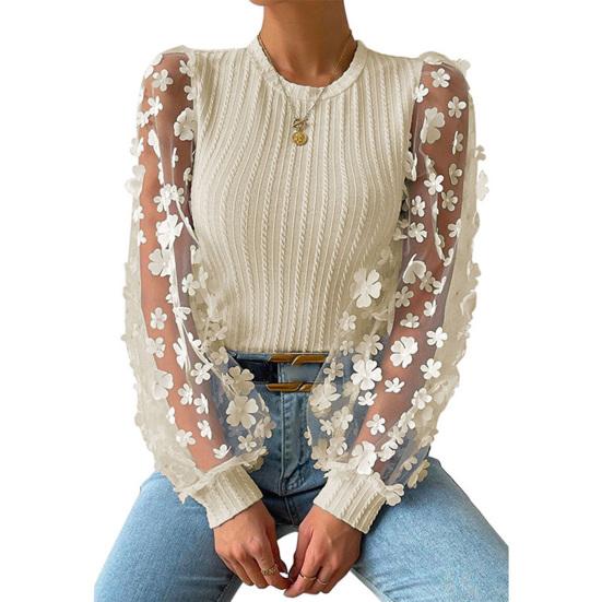 Women Shirt See-through Mesh Flower Applique Round Neck Long Sleeve Solid Color Pullovern Soft Patchwork Twist Texture OL Commute Top