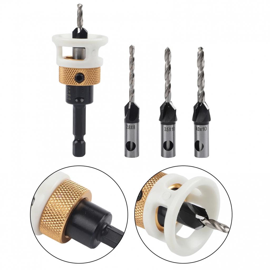 Set Of 4 Adjustable Countersink Drill Bits With Depth Stop For Woodwork