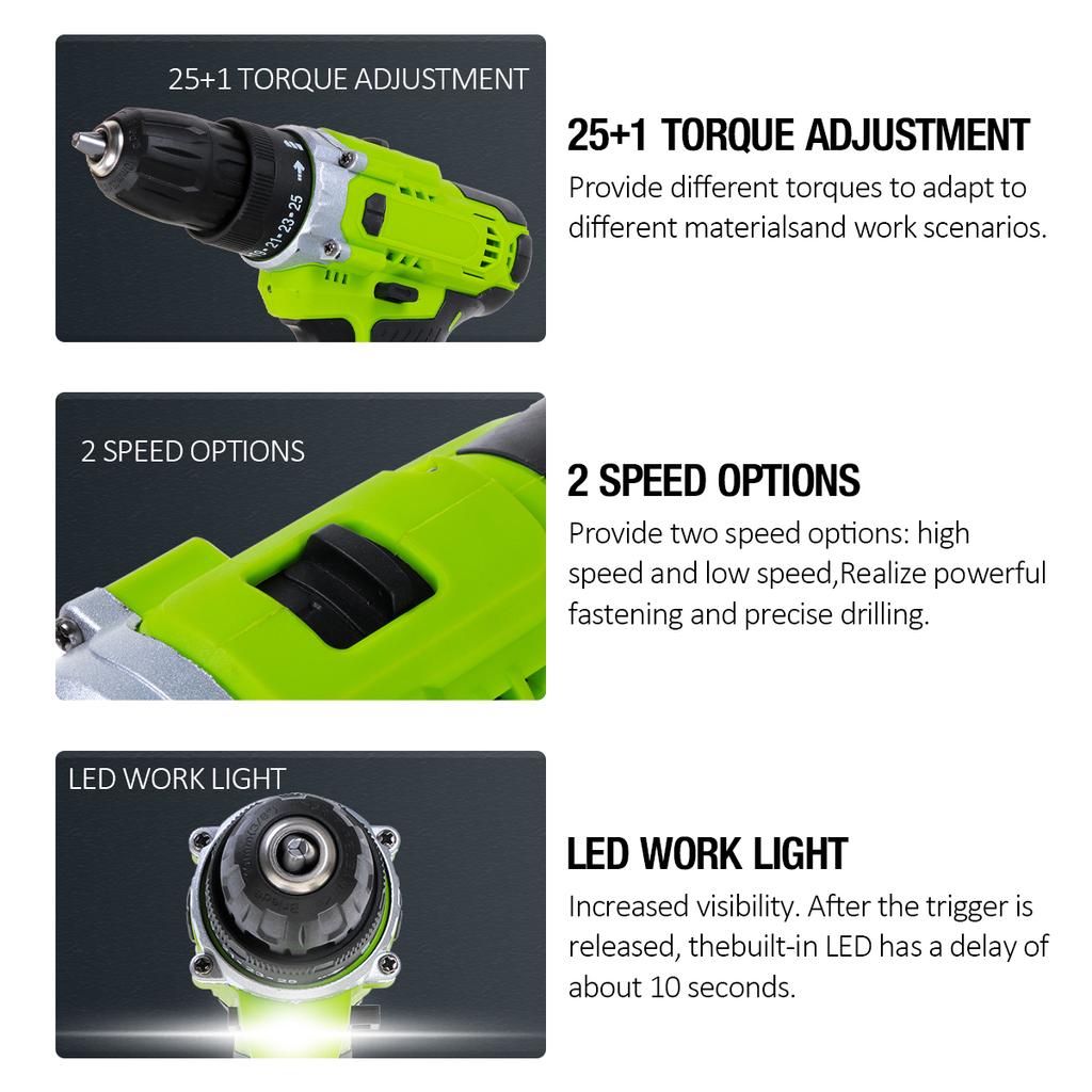 68V Electric Cordless Drill Screwdriver Driver & LED Worklight & 8400mAh Battery