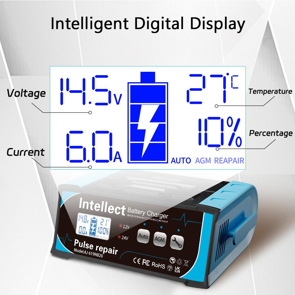 High Power Pulse Repair 12V/24V LCD Display EU US Plug Car Battery Charger Fully Automatic For Lead Acid Batteries 200W