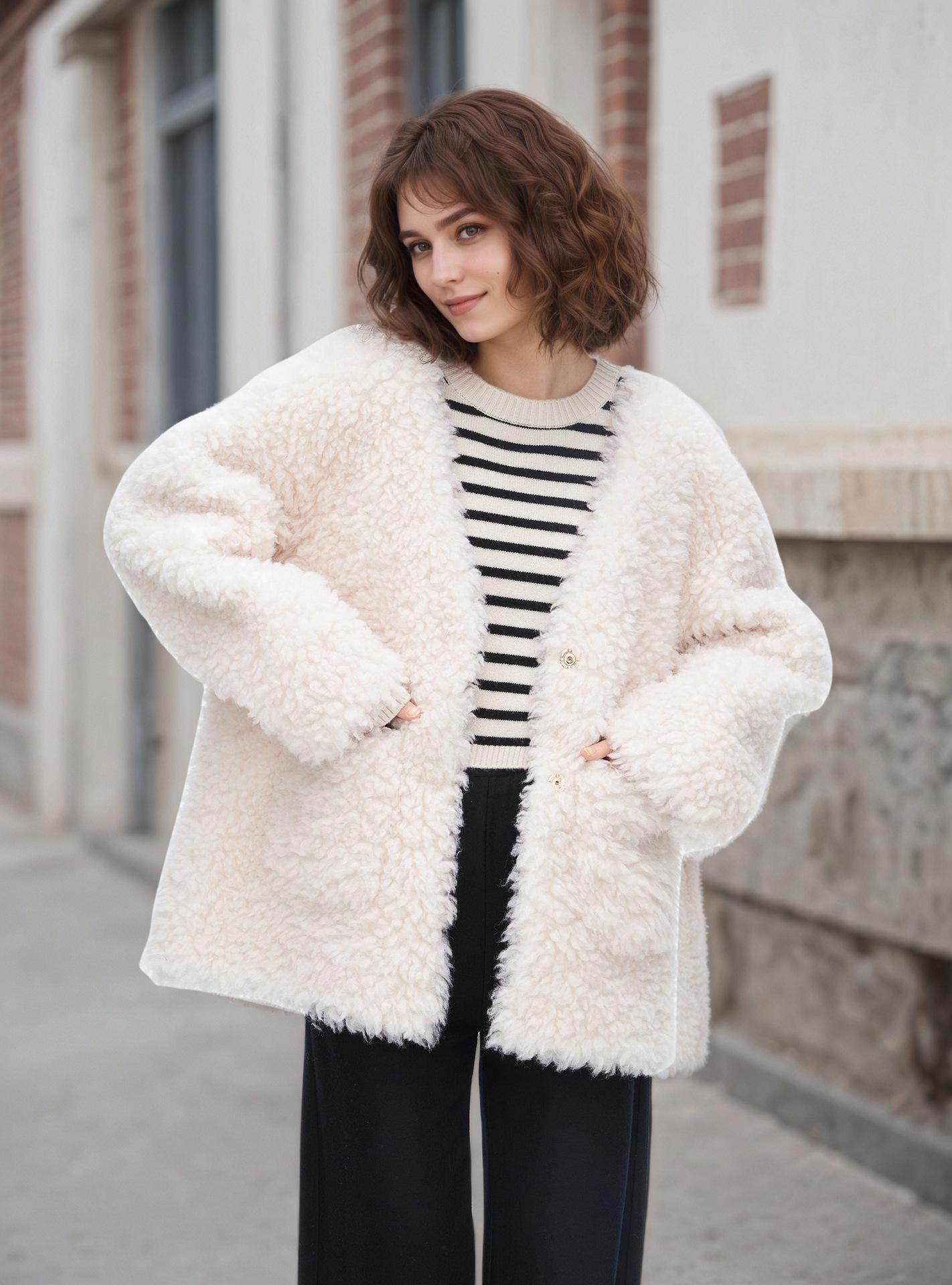 European and American fashionable lamb wool piled thickened coat women s winter medium and long trendy ins double bag loose coat European and american size s