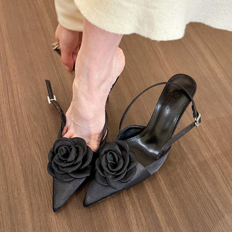 fashion Sweet Flowers Designer Women Pointed Toe Stiletto Sandals Summer 2024 Dress Slippers Party Flip Flops High Heels Women Slippers