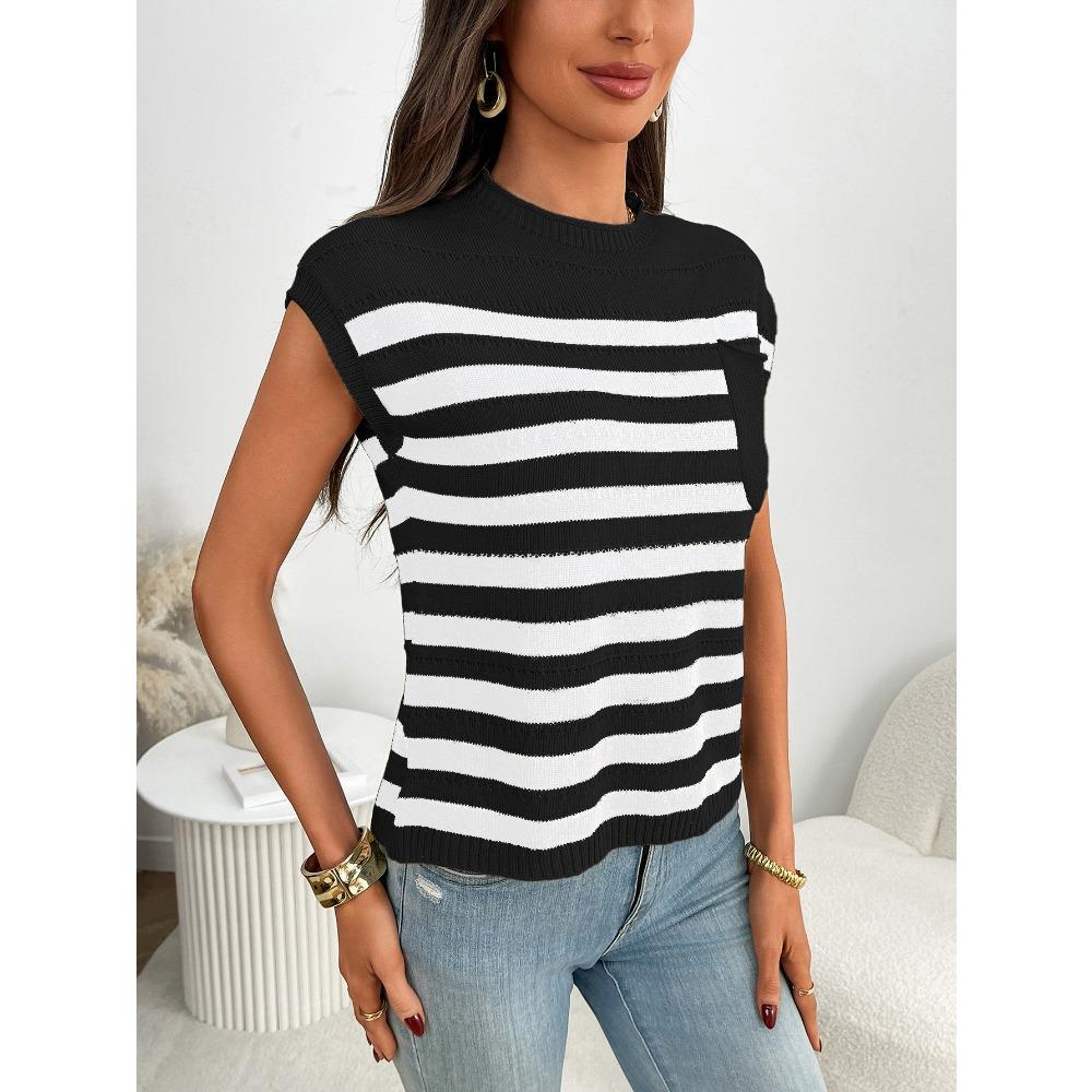 Summer New Women's Round Neck Top Knitted Casual Striped Sweater