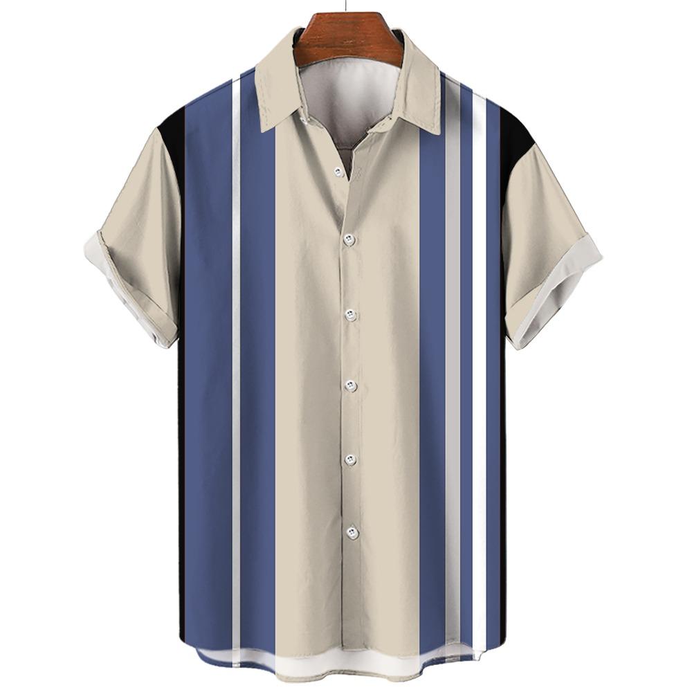Men's Hawaiian Beach Short Sleeved Striped Shirt 3D Printed Loose Street Fun Men's Top Fashion Casual Simple Pocketless Shirt