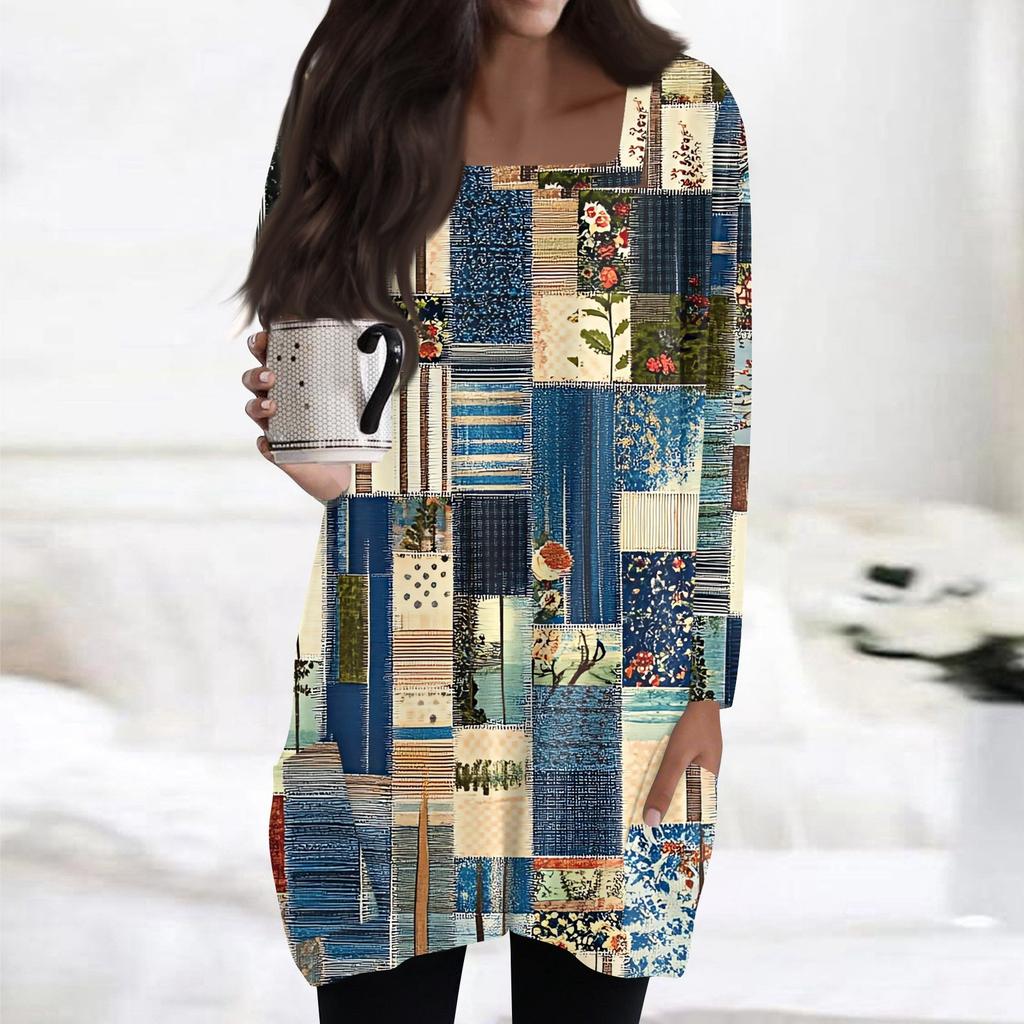 Womens Tops Square Collar Long Sleeve Blouses Casual Mid-length Shirts Fashion Print Tunic Tops With Pockets
