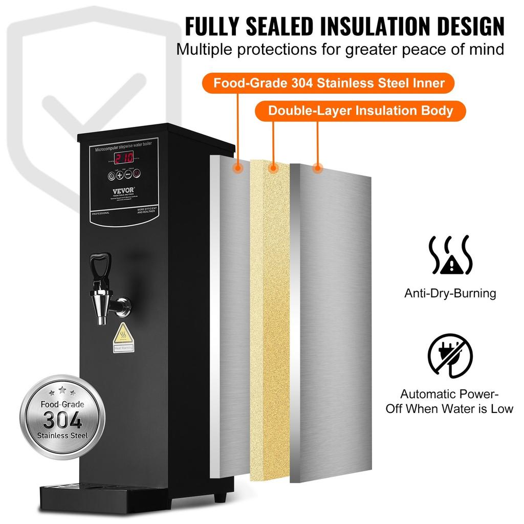 Commercial Water Boiler, Electric Hot Water Dispenser with 316 Stainless Steel Heating Tube, 1500W Step-by-step Fast Heating 50L per Hour Hot Water