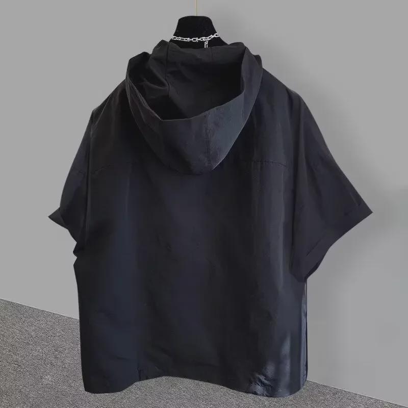 Unisex Dark Hooded Short-Sleeve Sweatshirt: 2024 Summer Loose Fit, Solid Color, All-Match Style