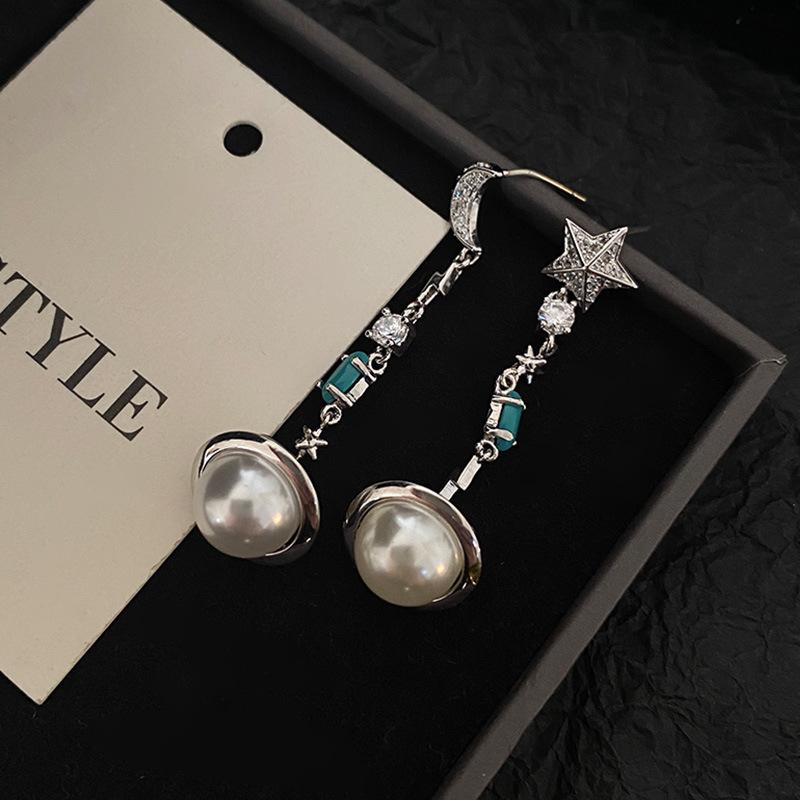 Moon Pentagram Earrings Long Tassel Design Sense High-End Earrings Fashion Personality Pearl Earrings