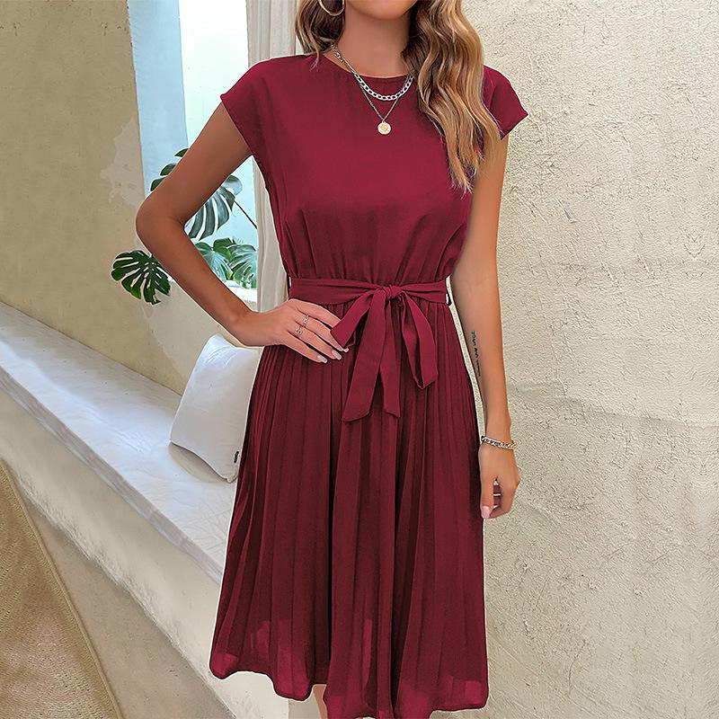 Popular European and American versatile simple medium skirt summer casual lace-up solid color pleated dress women
