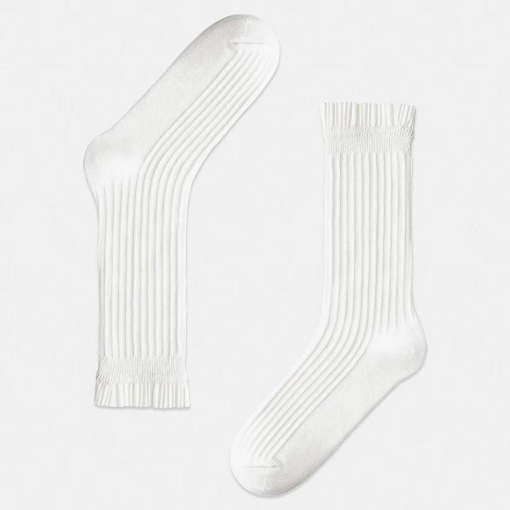 Miu Series Mary Jane Ballet Style Mid-Calf Double Needle Lace Socks for Women - Black & White, Versatile for Autumn & Spring.