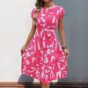 Printed round Neck Lace up Casual Dress Print round Neck Tied Dress