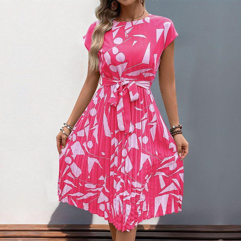 Printed round Neck Lace up Casual Dress Print round Neck Tied Dress